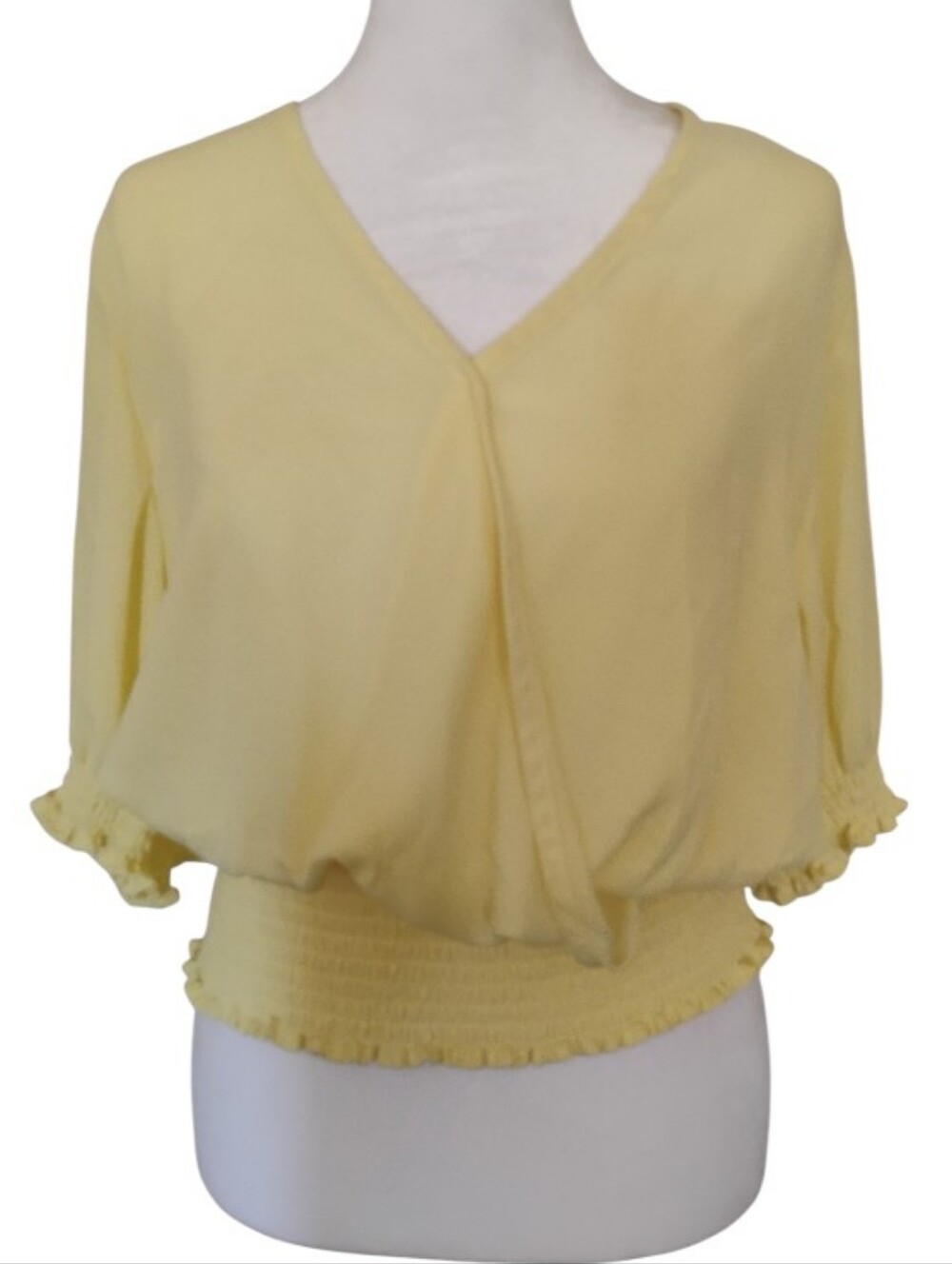 Light Yellow V-Neck Smocked-Hem Women's Blouse